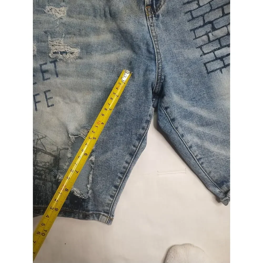 🔥 Rutherford • Distressed Graffiti Denim Slim Fit Blue Jeans Shorts • Men’s 38